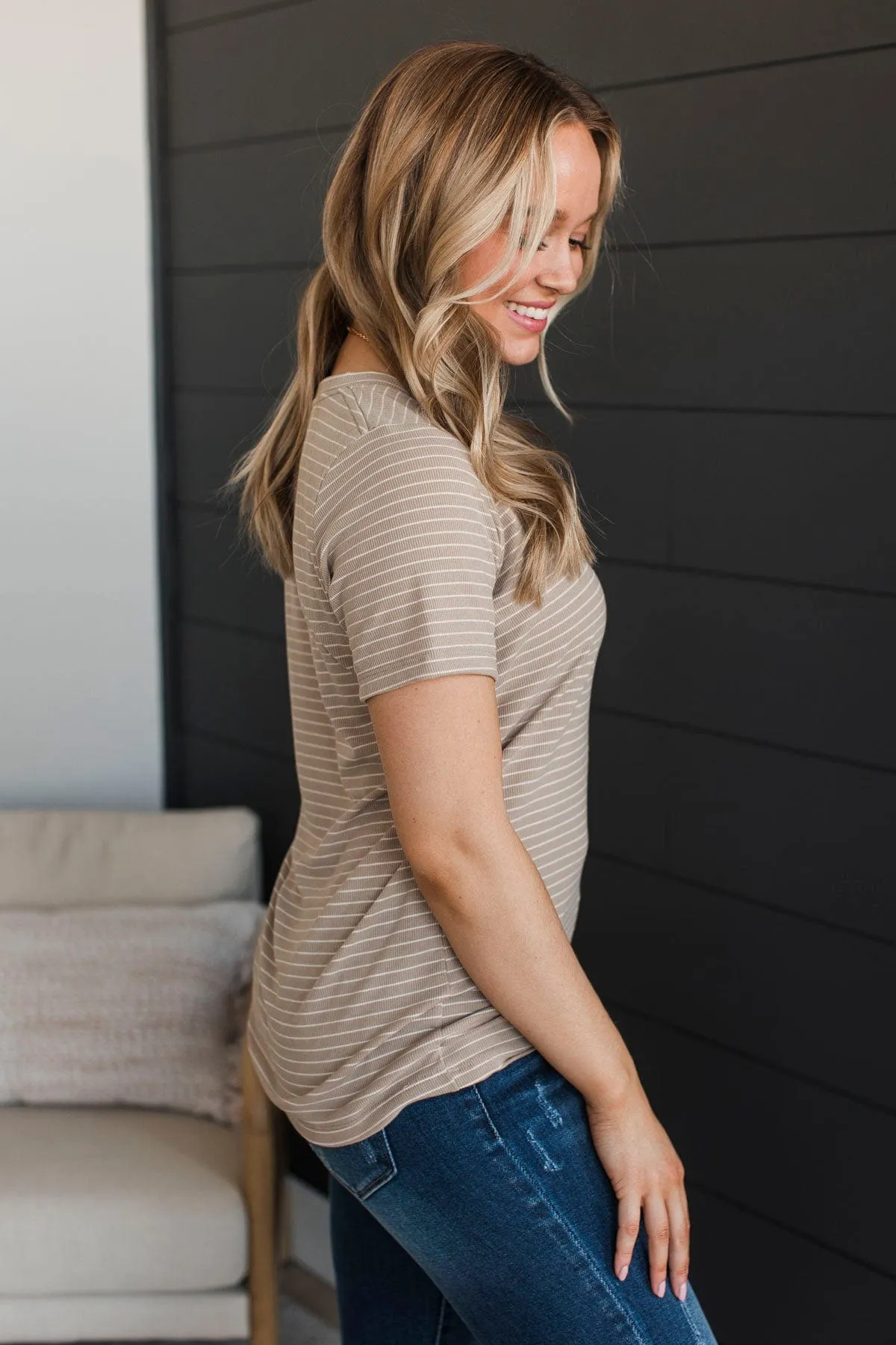Radiate Confidence Striped V-Neck Top- Taupe