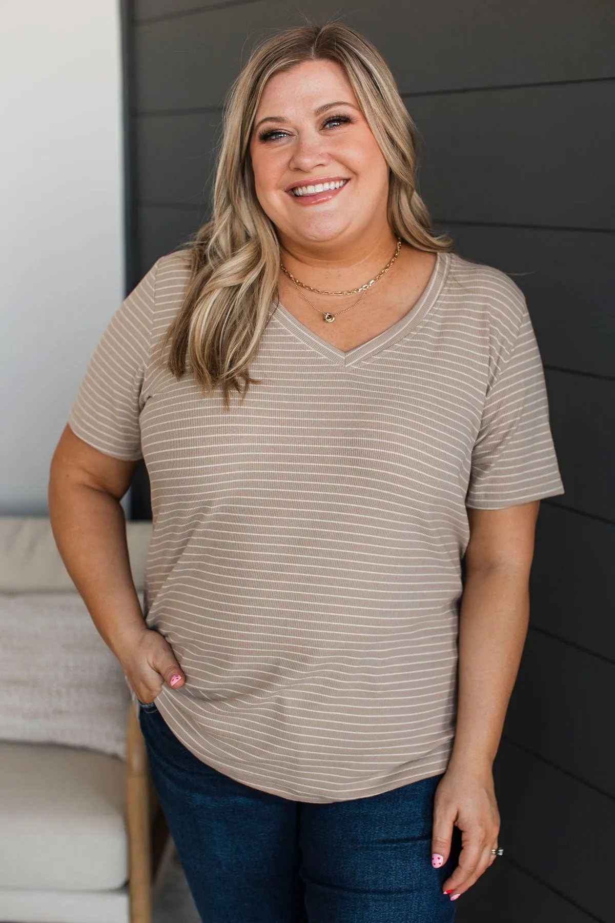 Radiate Confidence Striped V-Neck Top- Taupe