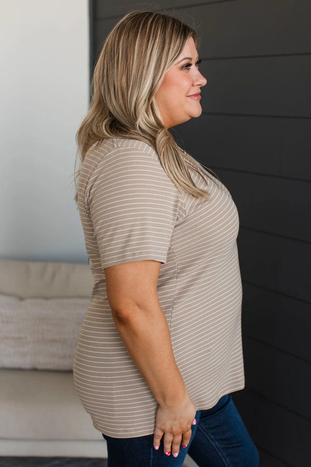 Radiate Confidence Striped V-Neck Top- Taupe