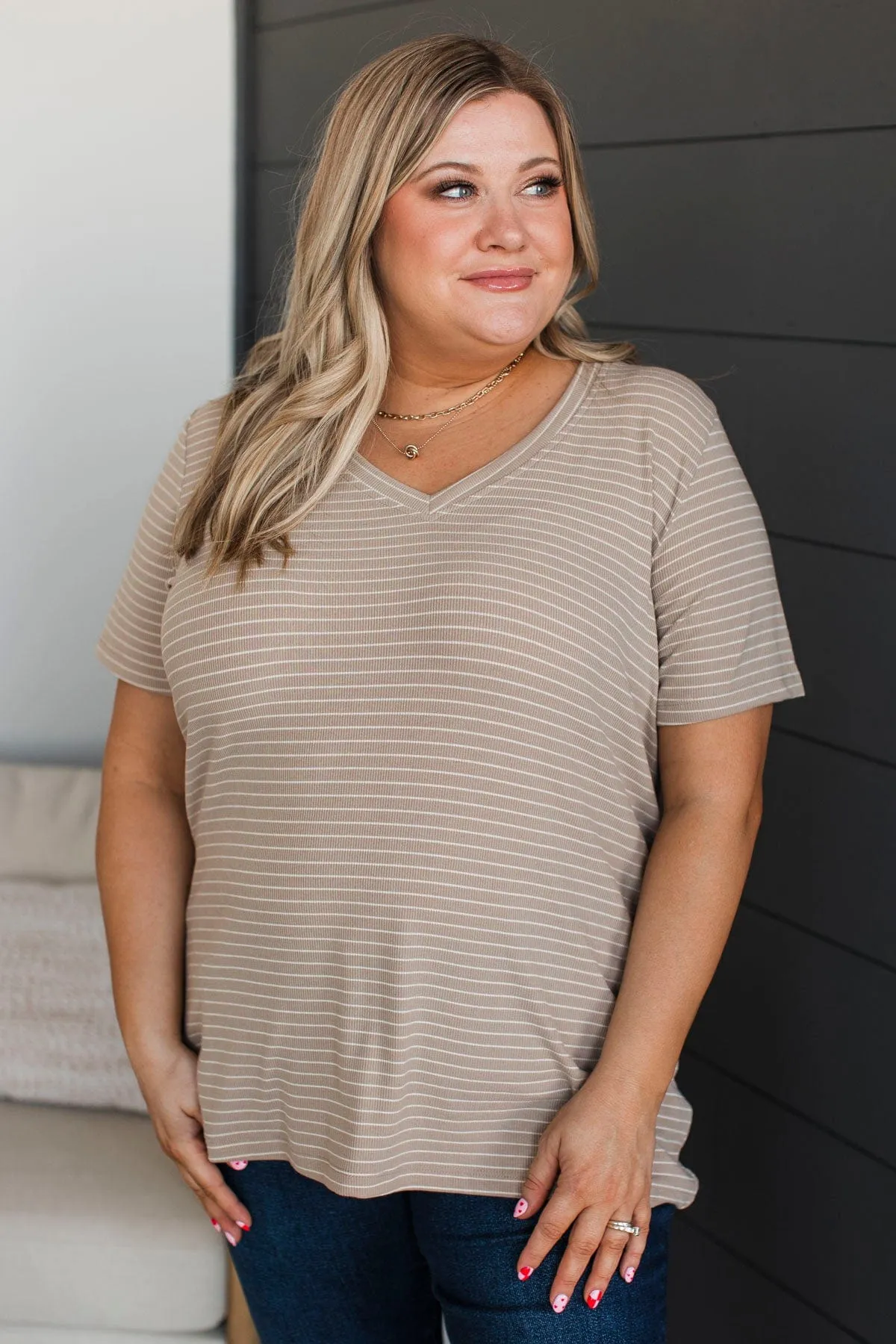 Radiate Confidence Striped V-Neck Top- Taupe