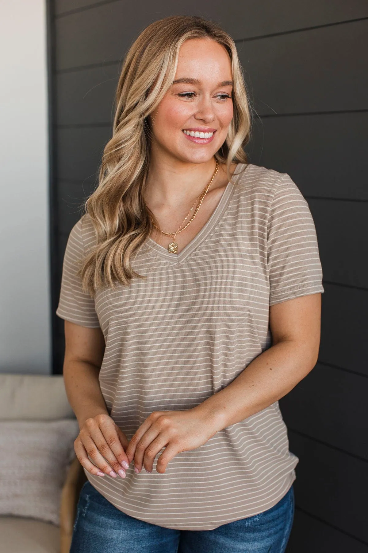 Radiate Confidence Striped V-Neck Top- Taupe