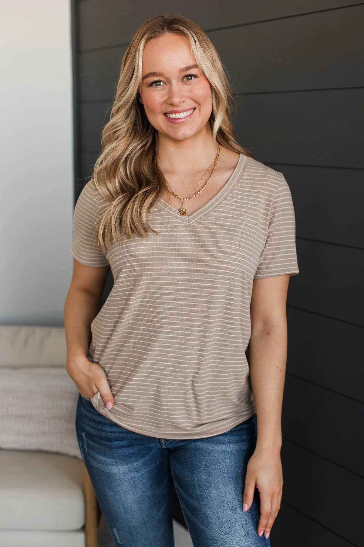 Radiate Confidence Striped V-Neck Top- Taupe