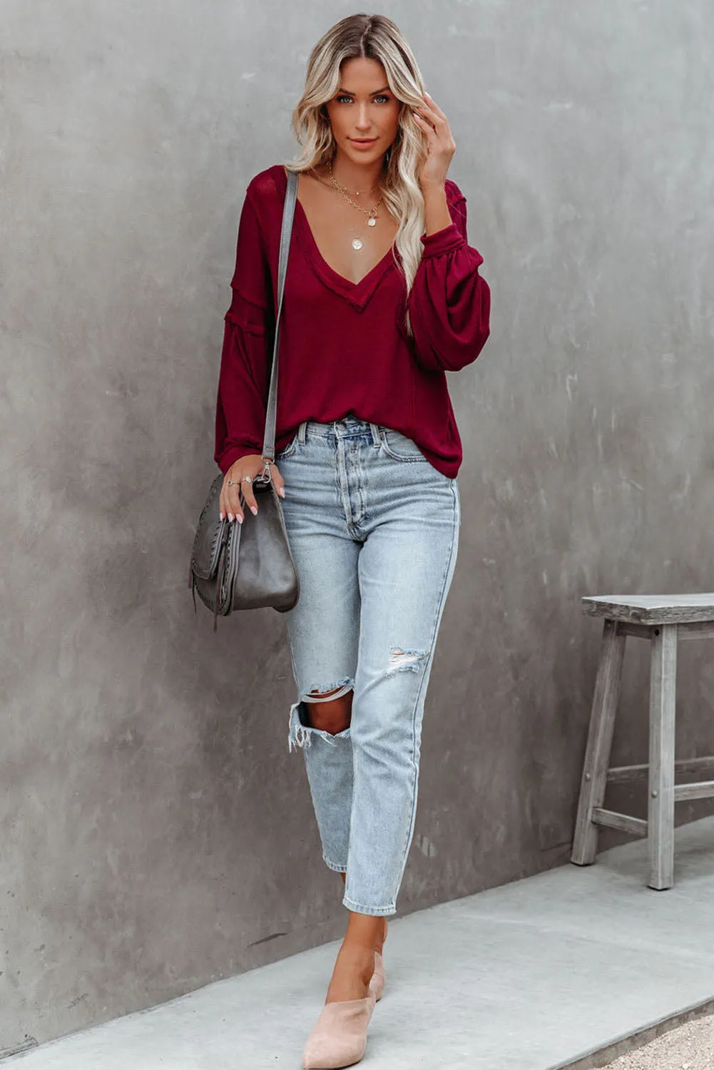 Red Exposed Seam Lantern Sleeve V Neck Knit Top