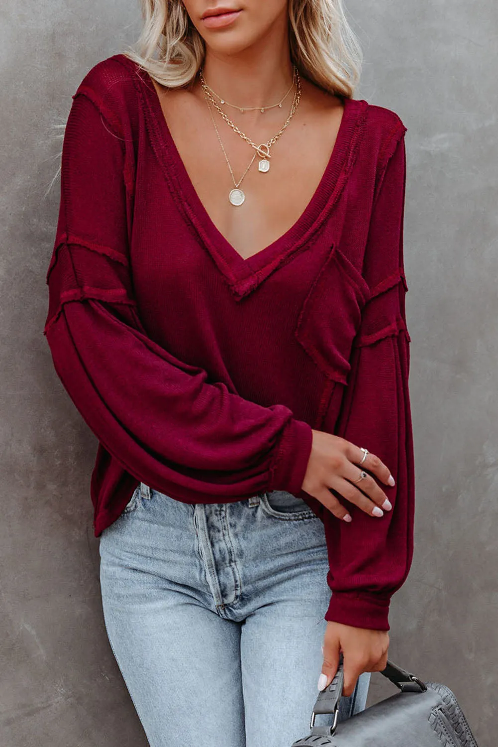 Red Exposed Seam Lantern Sleeve V Neck Knit Top