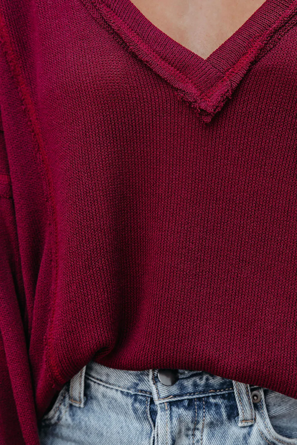 Red Exposed Seam Lantern Sleeve V Neck Knit Top