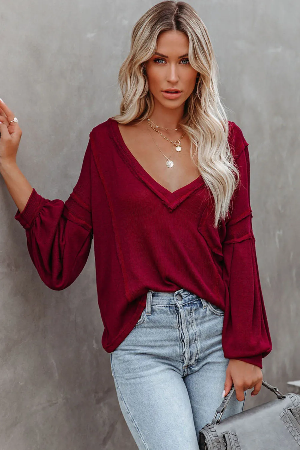 Red Exposed Seam Lantern Sleeve V Neck Knit Top
