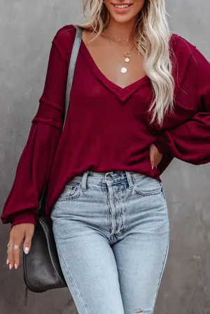 Red Exposed Seam Lantern Sleeve V Neck Knit Top