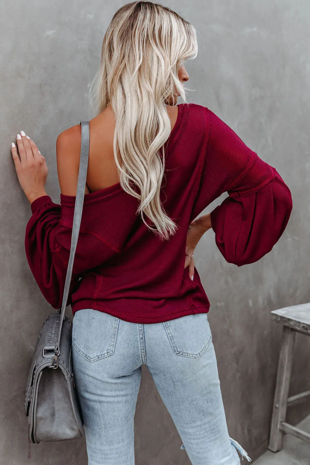 Red Exposed Seam Lantern Sleeve V Neck Knit Top