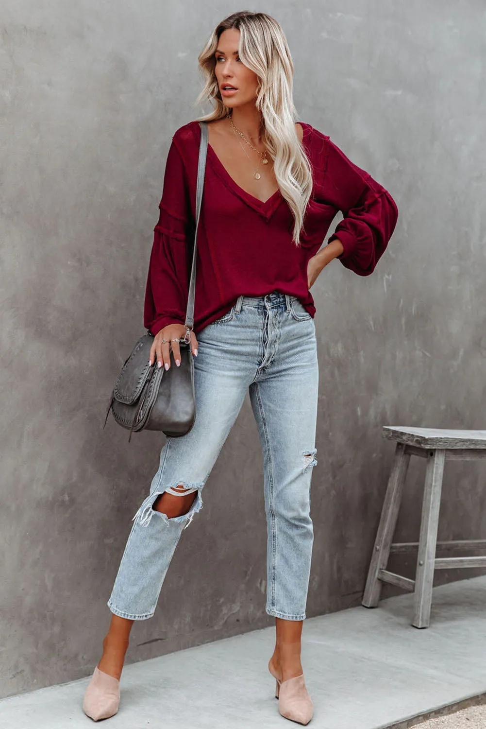 Red Exposed Seam Lantern Sleeve V Neck Knit Top