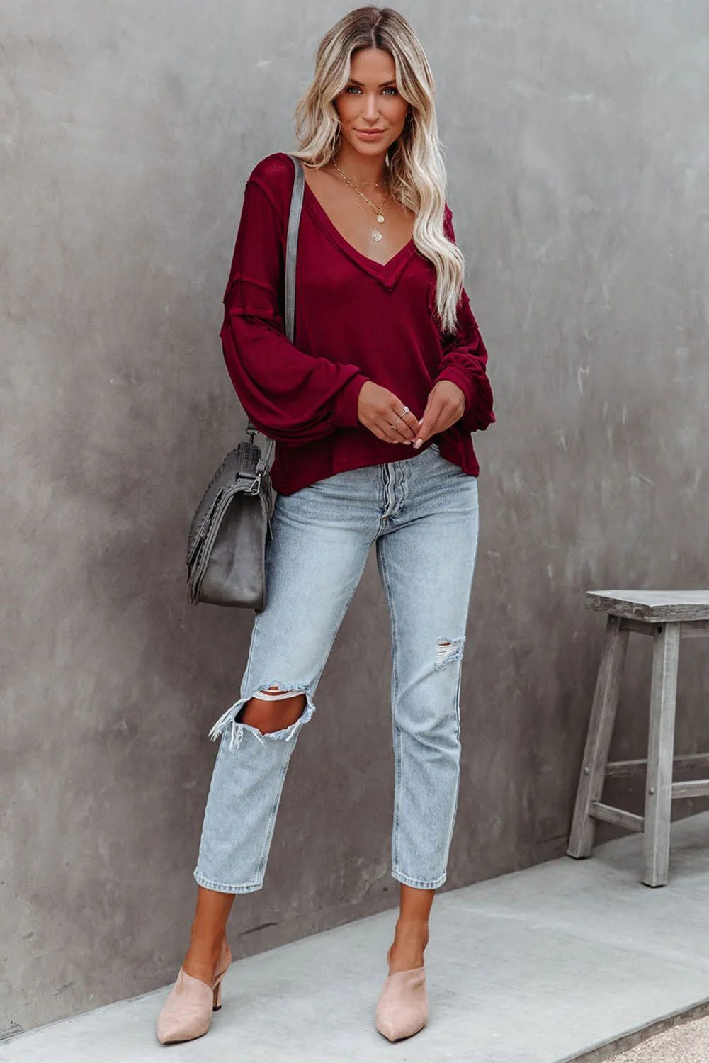 Red Exposed Seam Lantern Sleeve V Neck Knit Top