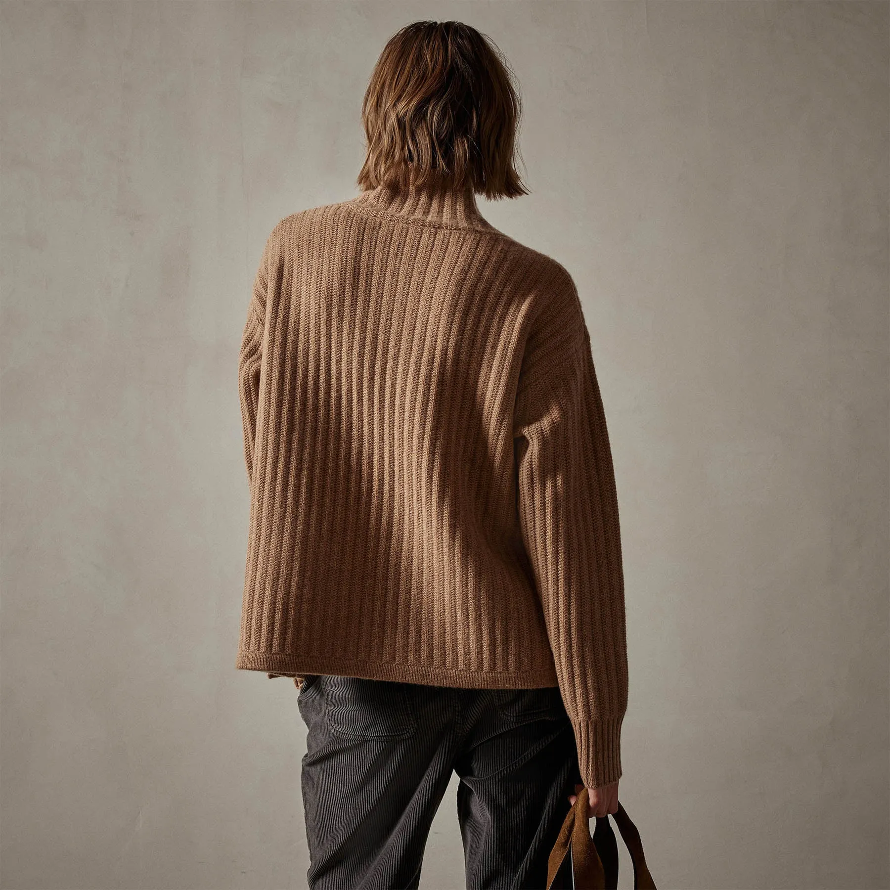 Ribbed Cashmere Funnel Neck - Caramel