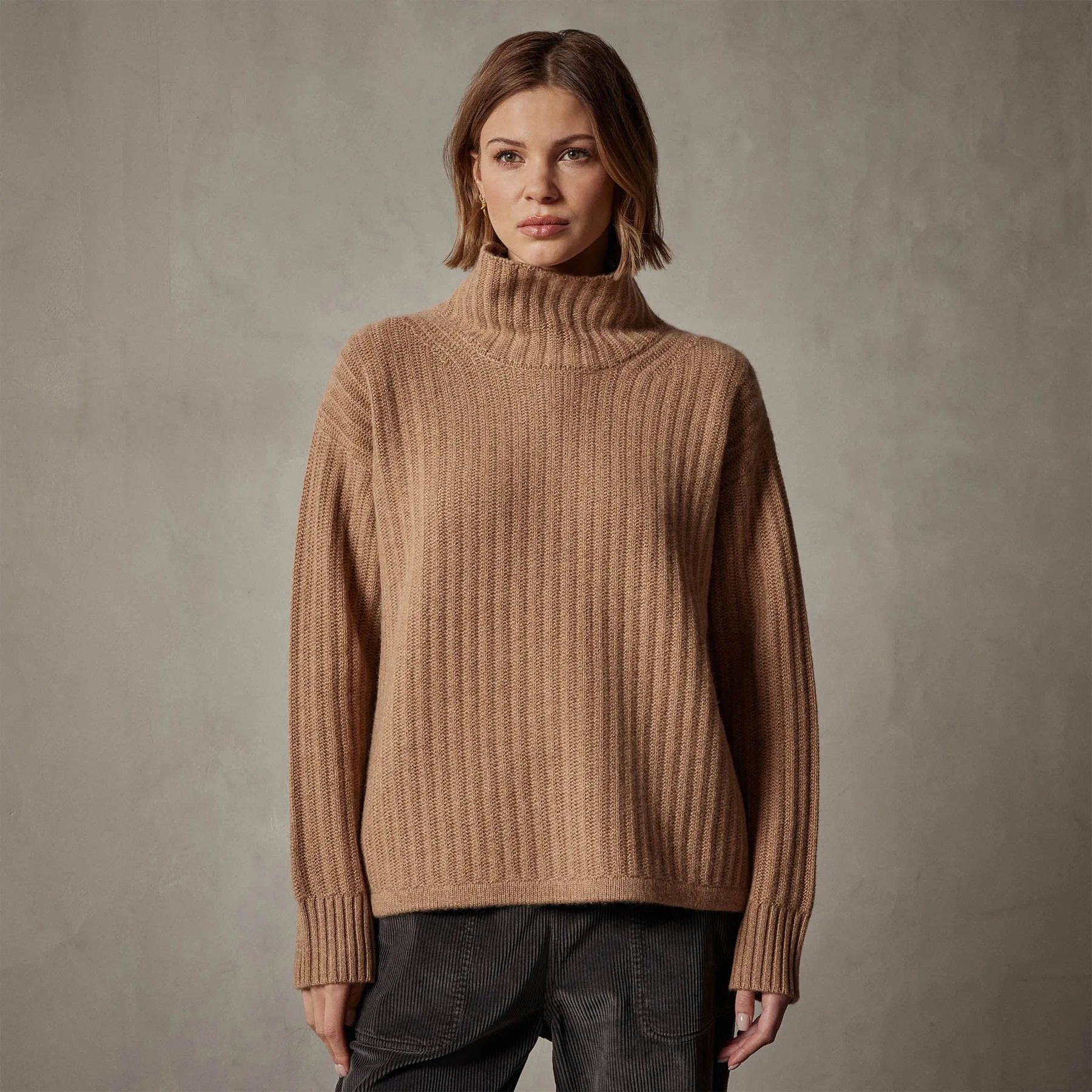 Ribbed Cashmere Funnel Neck - Caramel