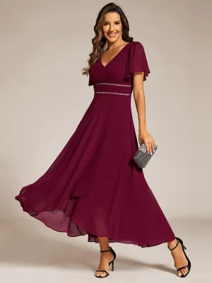 Robe de soirée formelle en mousseline de soie à double col en V et taille ajustée