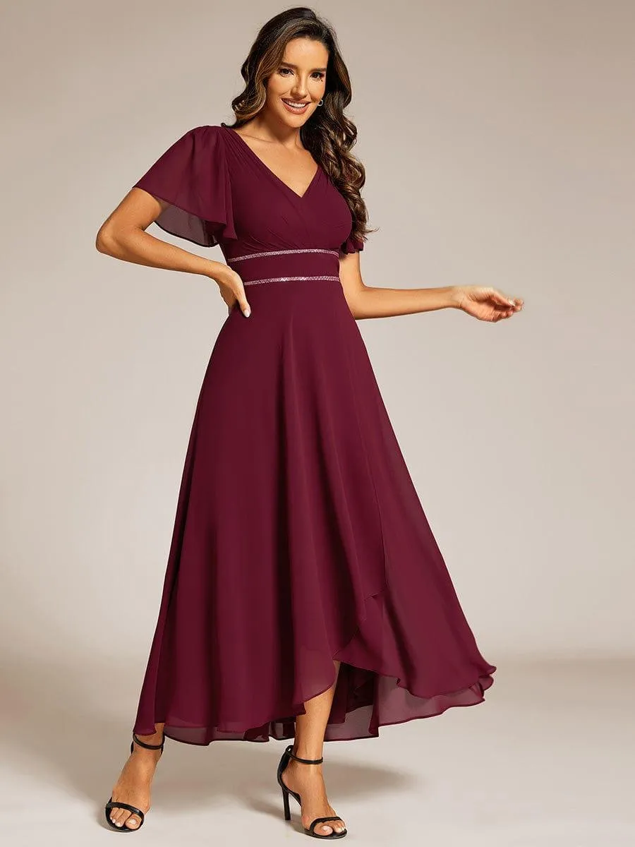 Robe de soirée formelle en mousseline de soie à double col en V et taille ajustée
