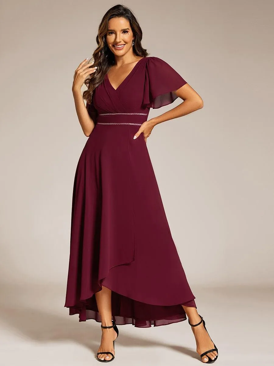 Robe de soirée formelle en mousseline de soie à double col en V et taille ajustée