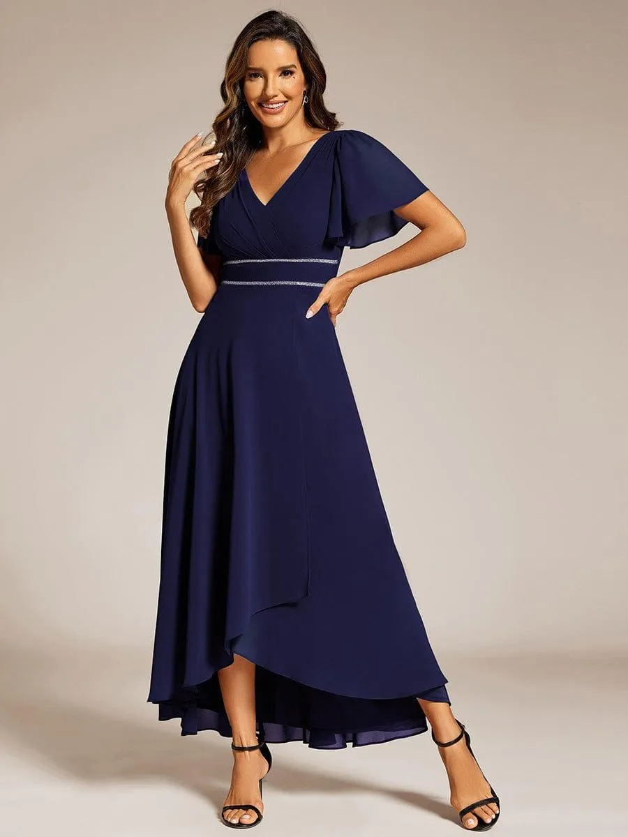 Robe de soirée formelle en mousseline de soie à double col en V et taille ajustée