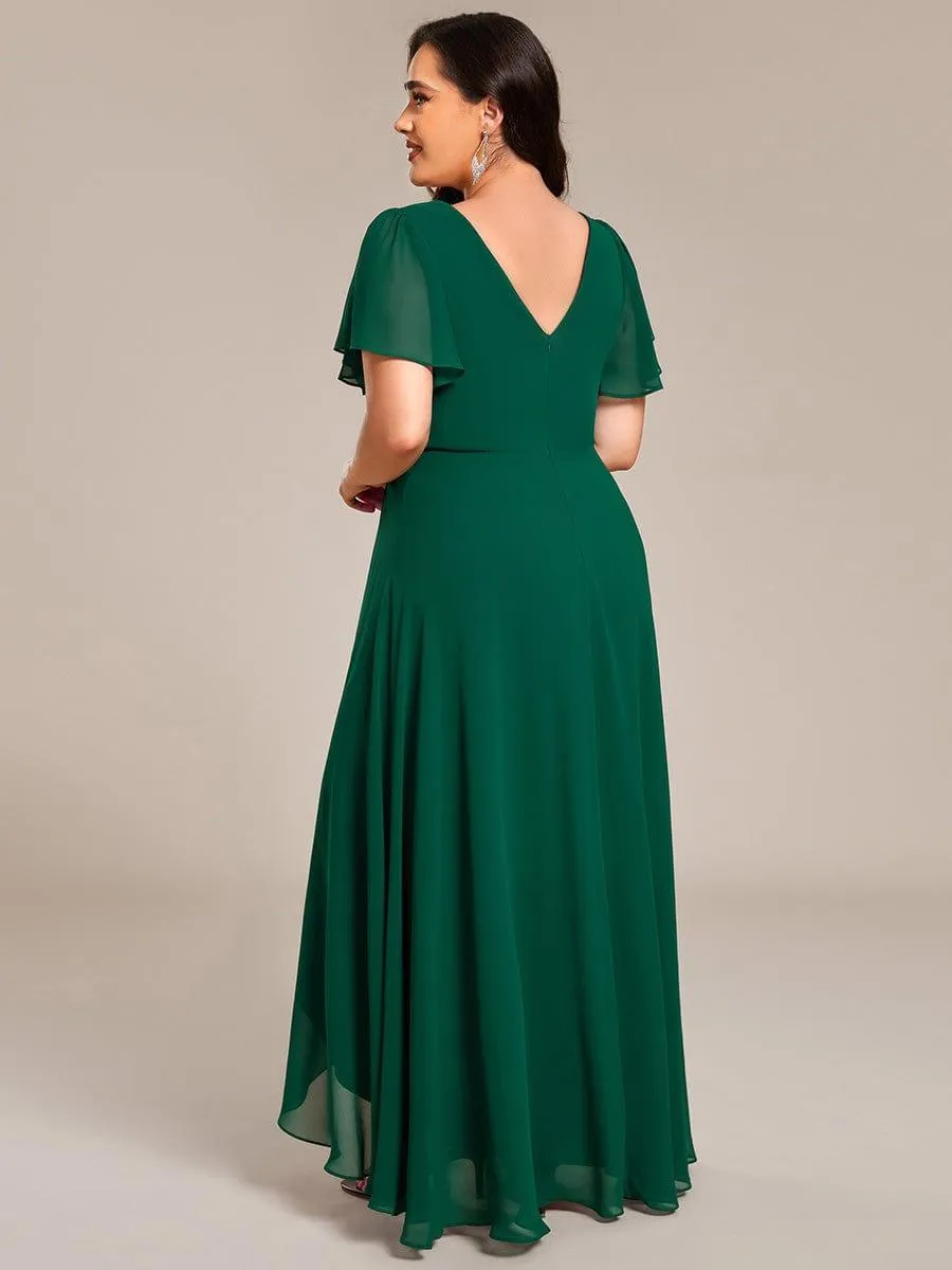 Robe de soirée formelle en mousseline de soie à double col en V et taille ajustée