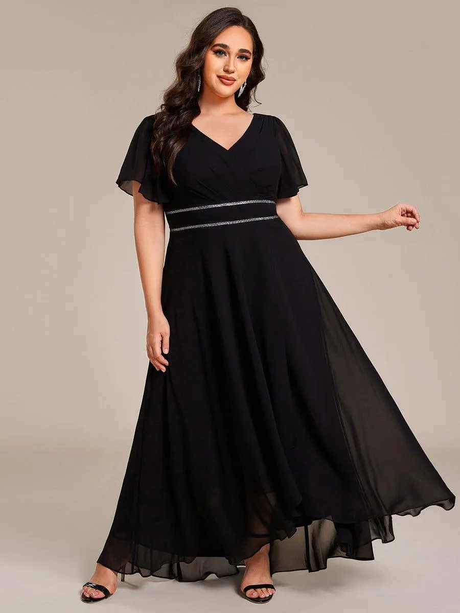 Robe de soirée formelle en mousseline de soie à double col en V et taille ajustée