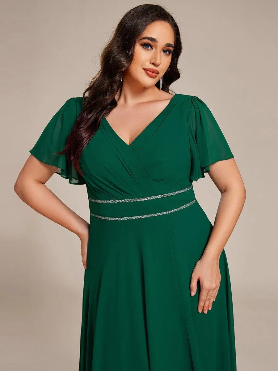 Robe de soirée formelle en mousseline de soie à double col en V et taille ajustée