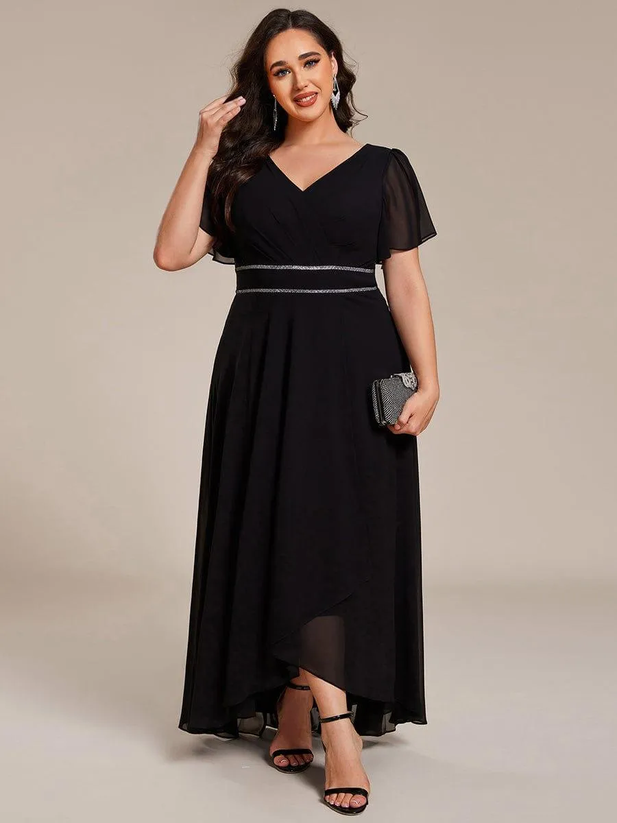 Robe de soirée formelle en mousseline de soie à double col en V et taille ajustée