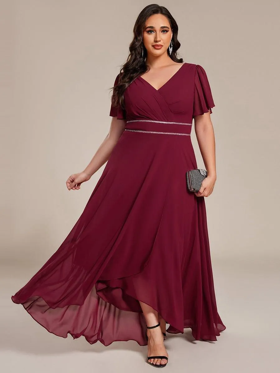 Robe de soirée formelle en mousseline de soie à double col en V et taille ajustée