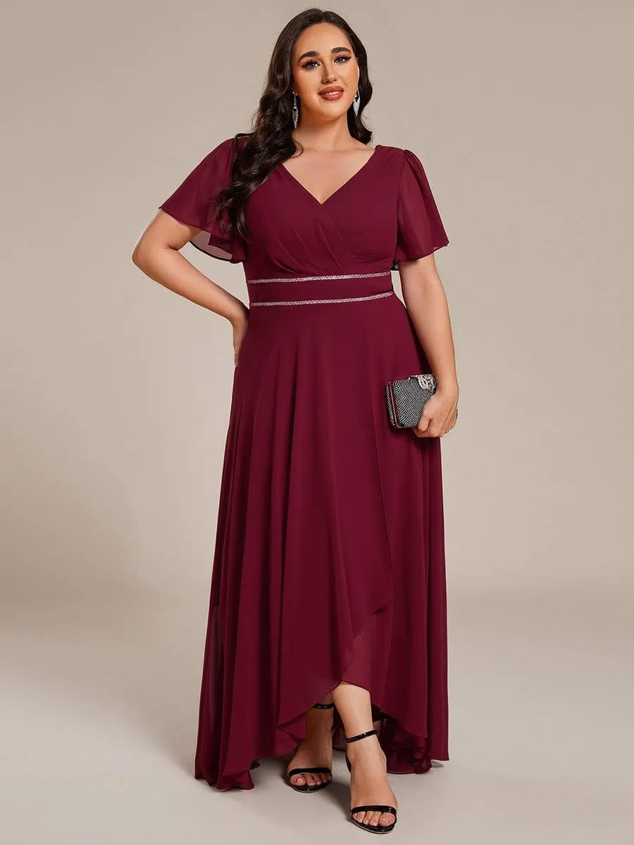Robe de soirée formelle en mousseline de soie à double col en V et taille ajustée