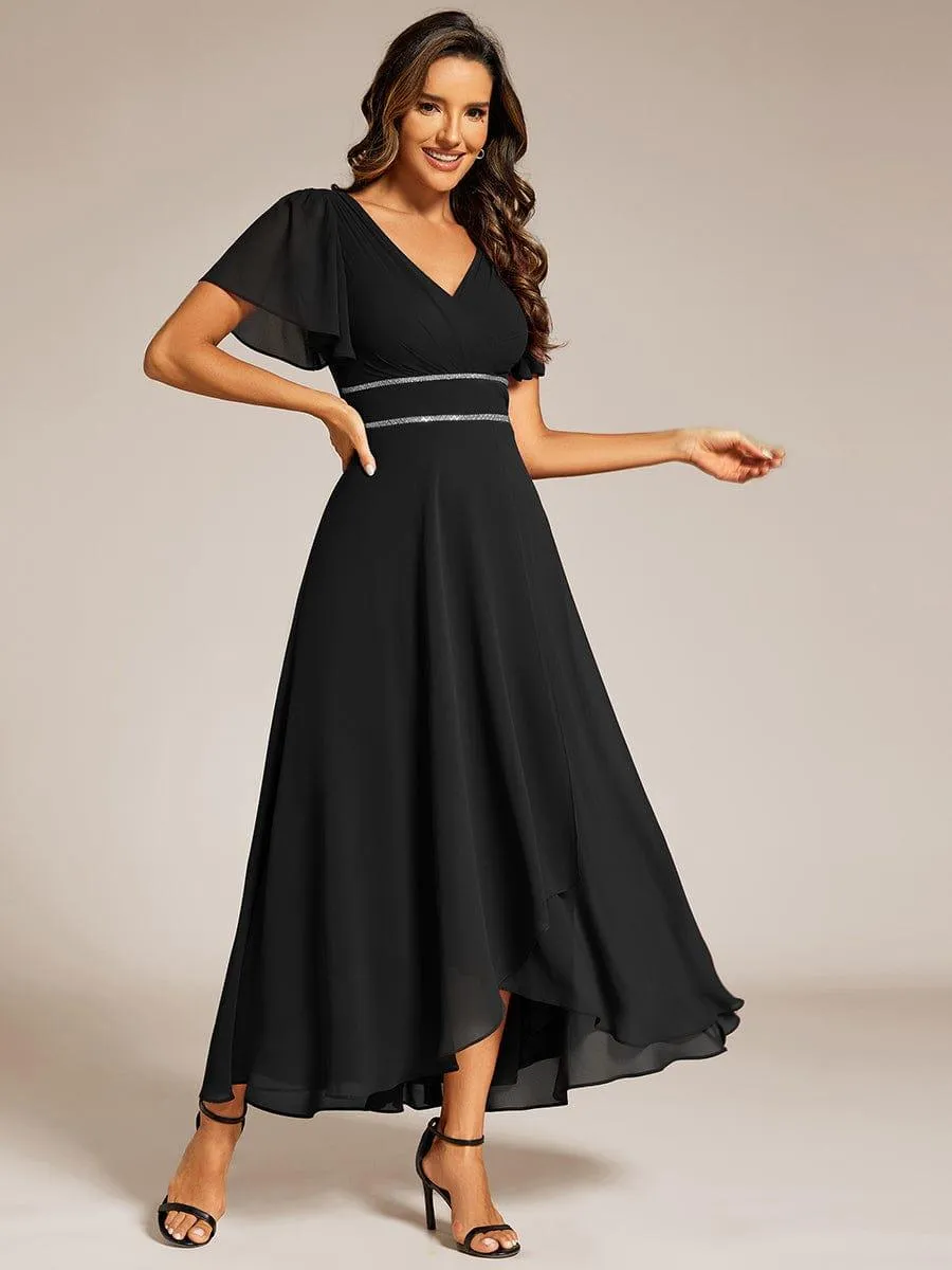 Robe de soirée formelle en mousseline de soie à double col en V et taille ajustée