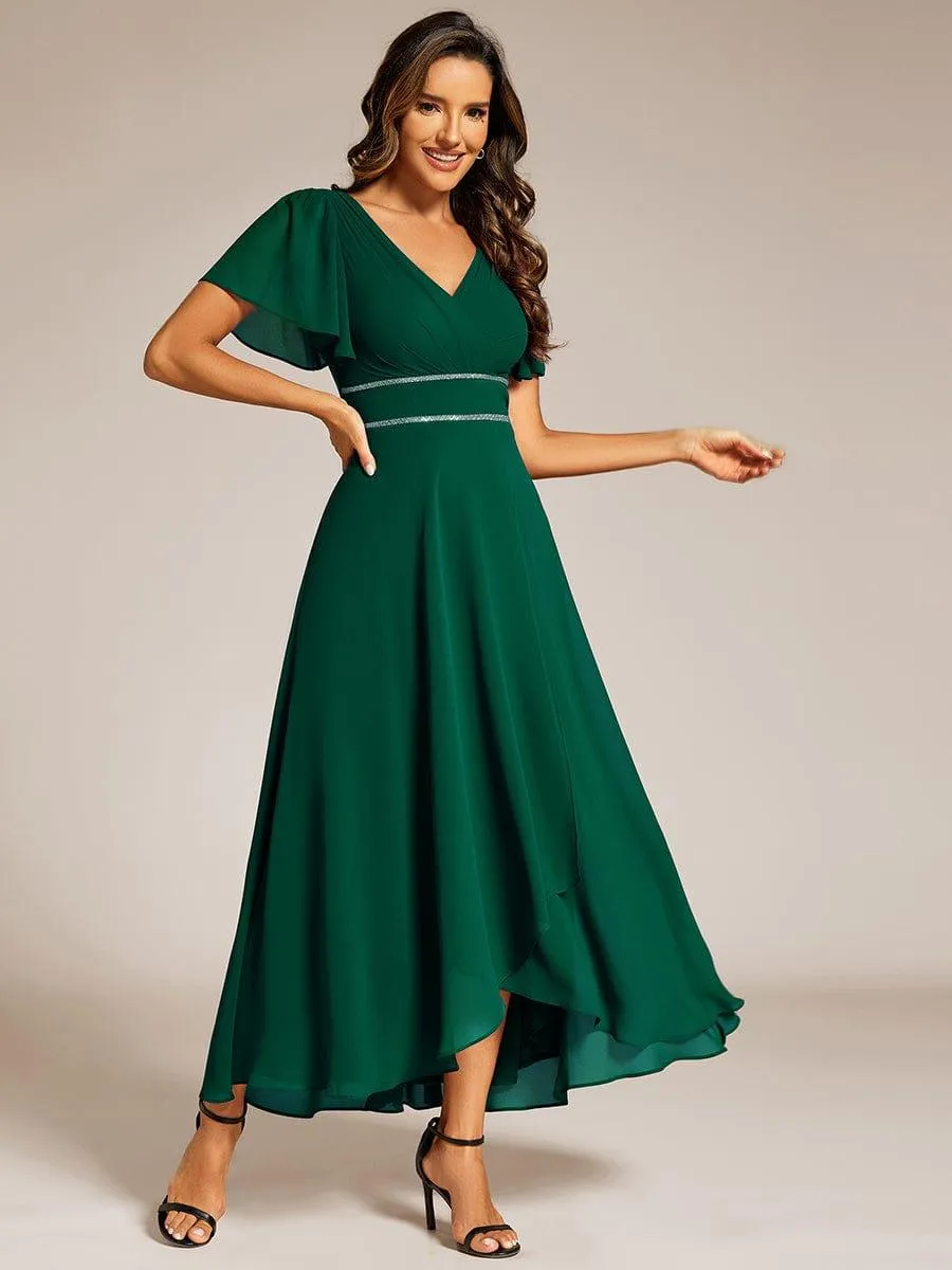 Robe de soirée formelle en mousseline de soie à double col en V et taille ajustée