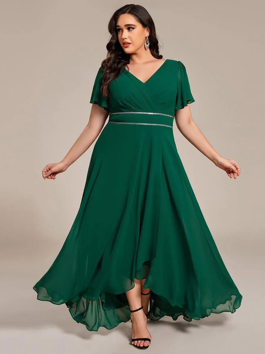 Robe de soirée formelle en mousseline de soie à double col en V et taille ajustée
