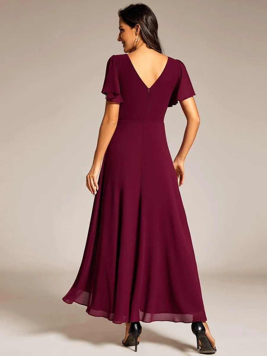 Robe de soirée formelle en mousseline de soie à double col en V et taille ajustée