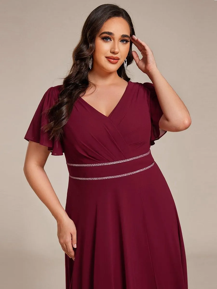 Robe de soirée formelle en mousseline de soie à double col en V et taille ajustée