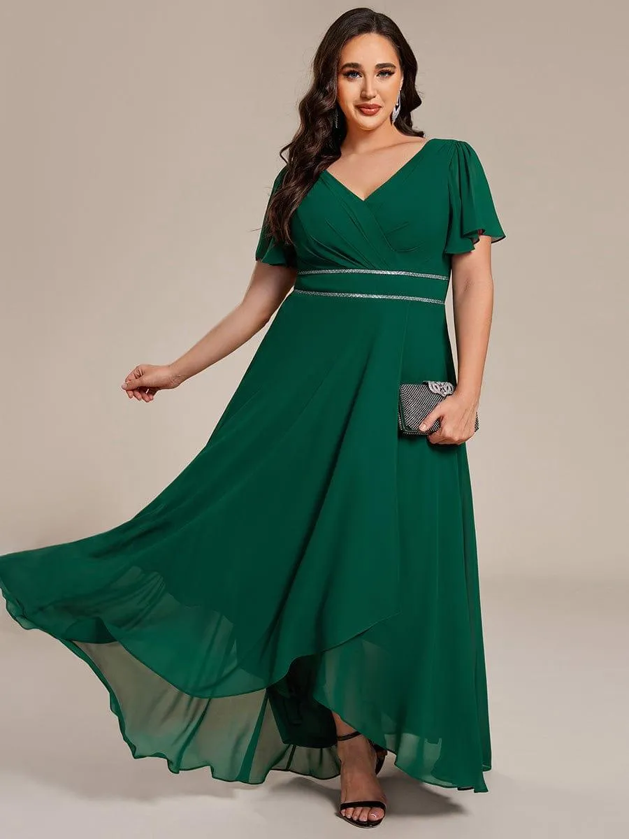 Robe de soirée formelle en mousseline de soie à double col en V et taille ajustée