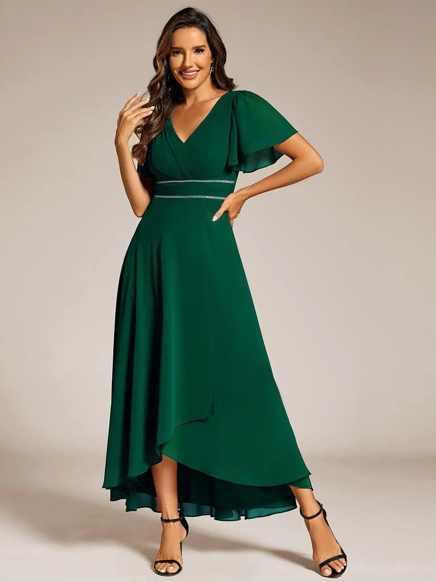Robe de soirée formelle en mousseline de soie à double col en V et taille ajustée