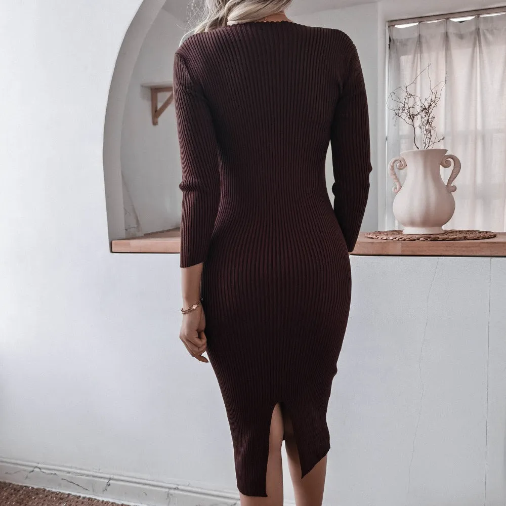 Round Neck Knit Bodycon Sweaters Midi Dresses Black