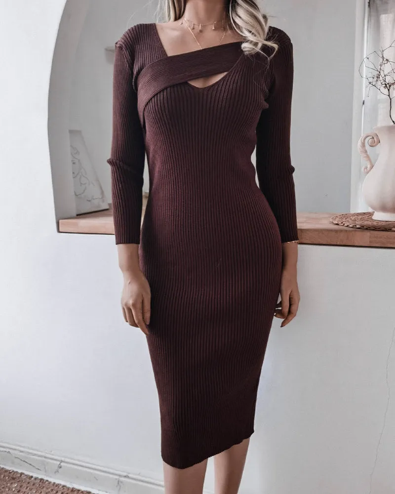 Round Neck Knit Bodycon Sweaters Midi Dresses Black