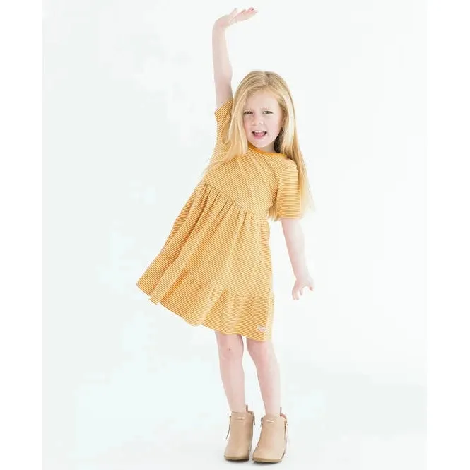 RuffleButts Tiny Honey Stripe Knit Short Sleeve Ruffle Dress