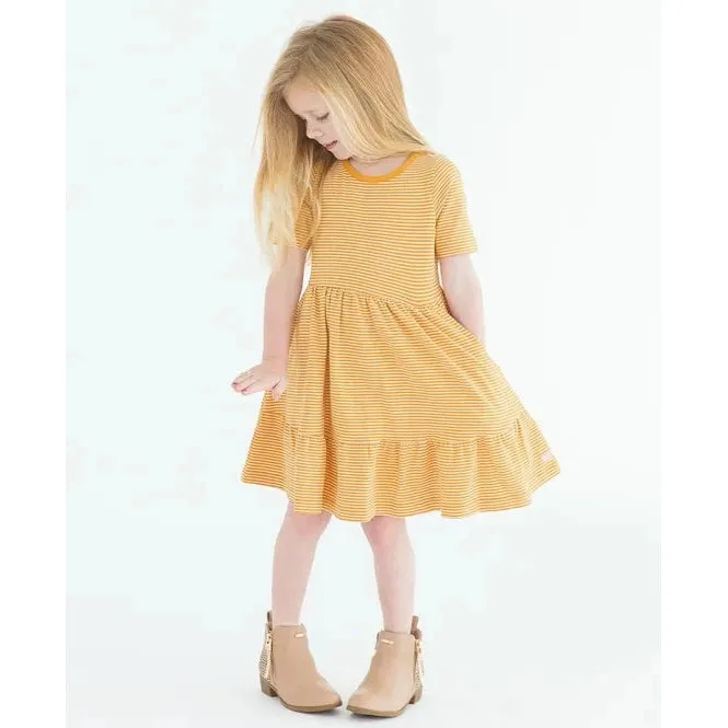 RuffleButts Tiny Honey Stripe Knit Short Sleeve Ruffle Dress