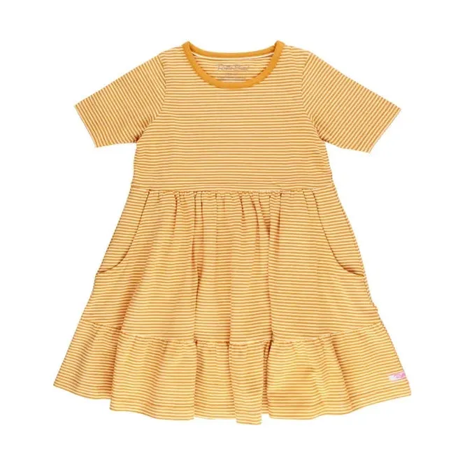 RuffleButts Tiny Honey Stripe Knit Short Sleeve Ruffle Dress