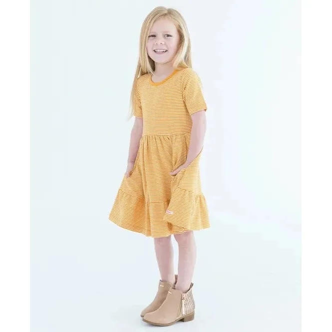 RuffleButts Tiny Honey Stripe Knit Short Sleeve Ruffle Dress