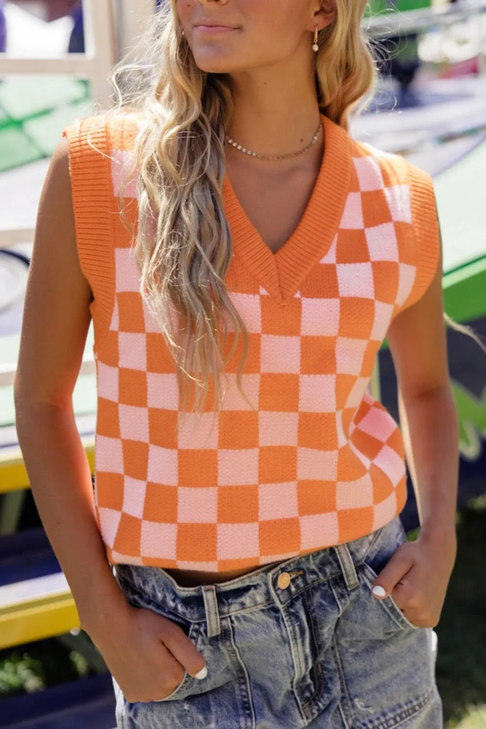 Russet Orange Checkered V Neck Sweater Vest