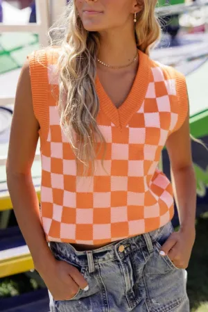 Russet Orange Checkered V Neck Sweater Vest