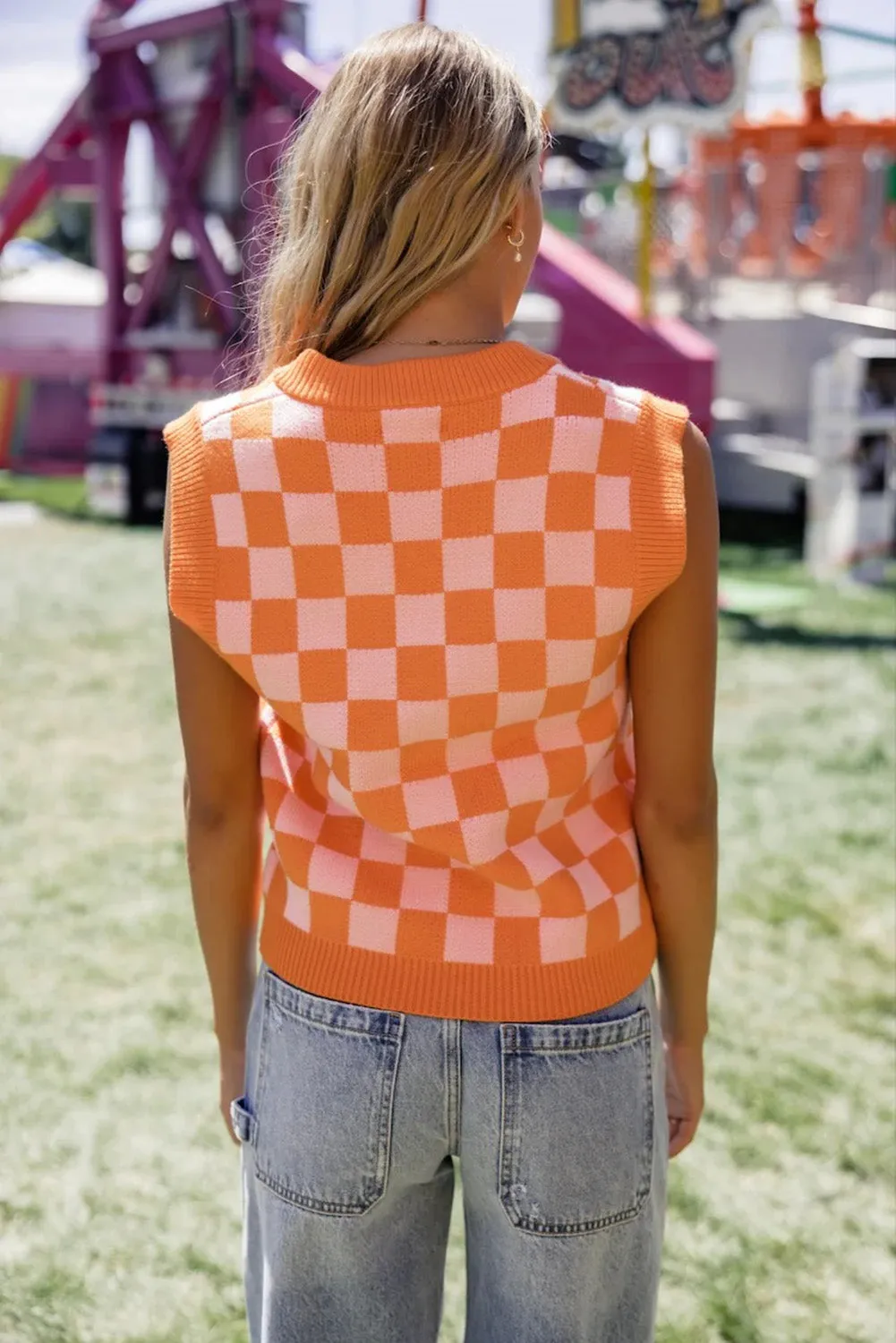 Russet Orange Checkered V Neck Sweater Vest