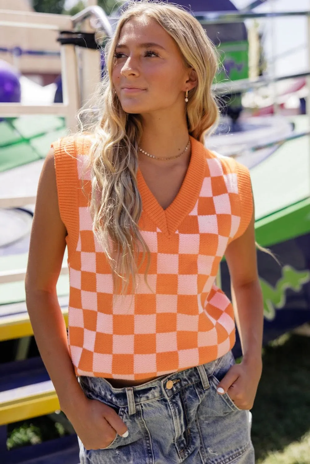 Russet Orange Checkered V Neck Sweater Vest