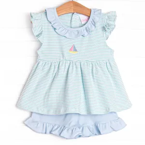 Seafoam Sails Pima Embroidered Ruffle Short Set, Blue