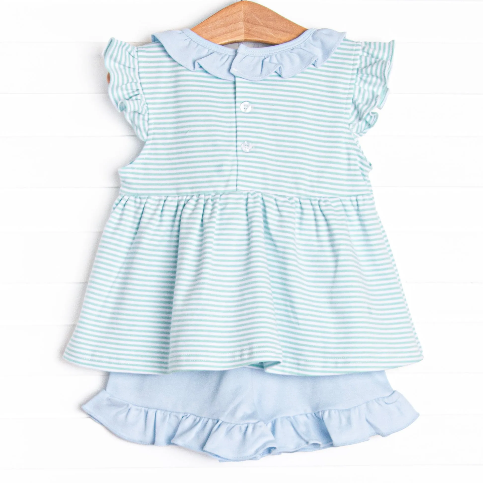 Seafoam Sails Pima Embroidered Ruffle Short Set, Blue