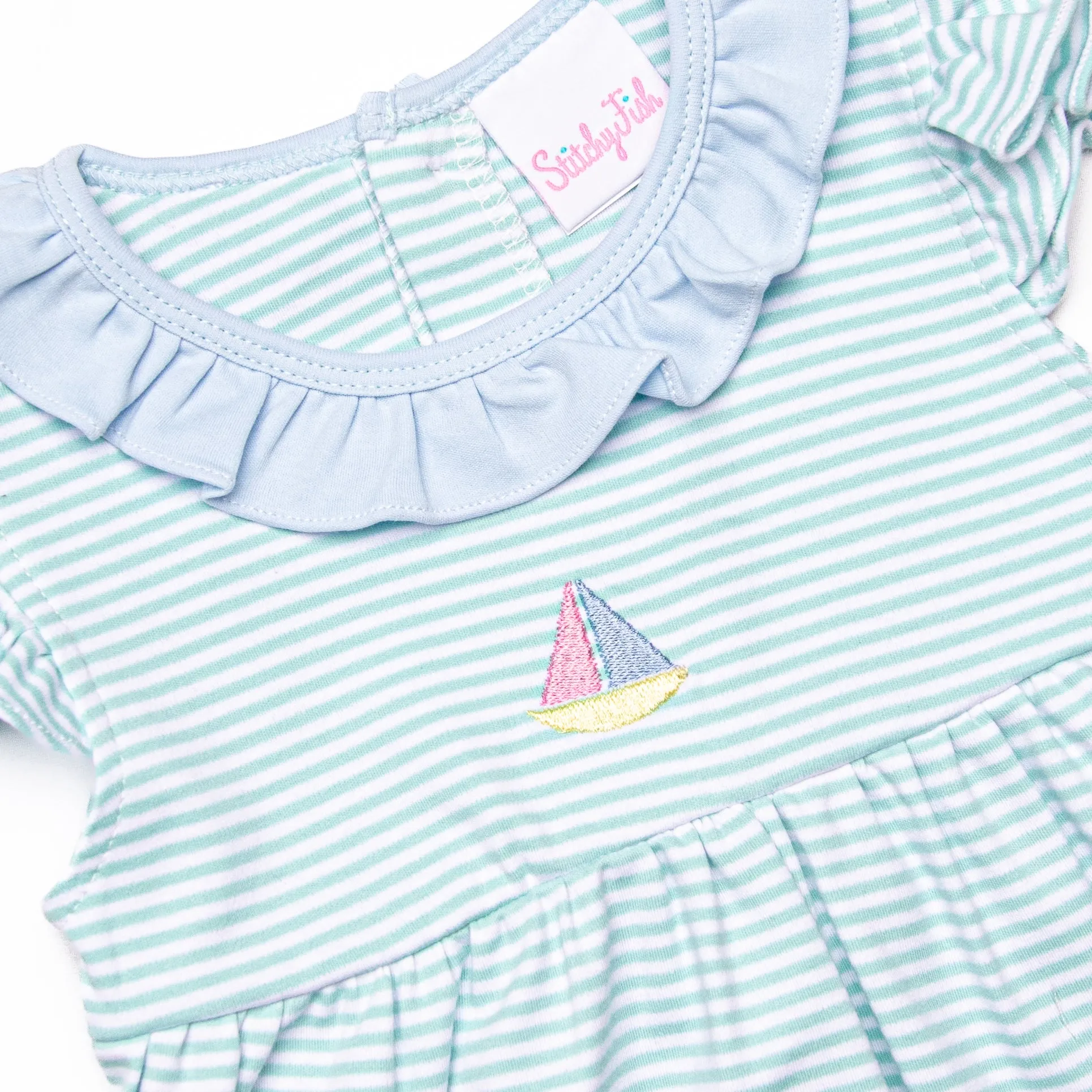 Seafoam Sails Pima Embroidered Ruffle Short Set, Blue