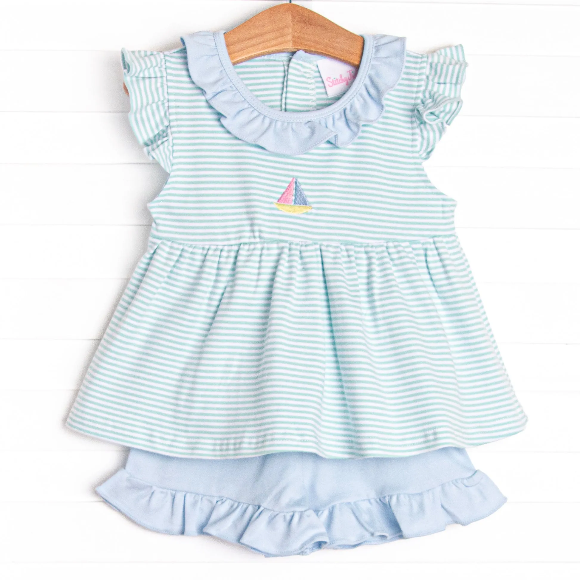 Seafoam Sails Pima Embroidered Ruffle Short Set, Blue