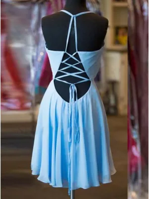Sexy Casual Chiffon Blue Spaghetti Straps Short Cheap Homecoming Dresses Online, BDY0344