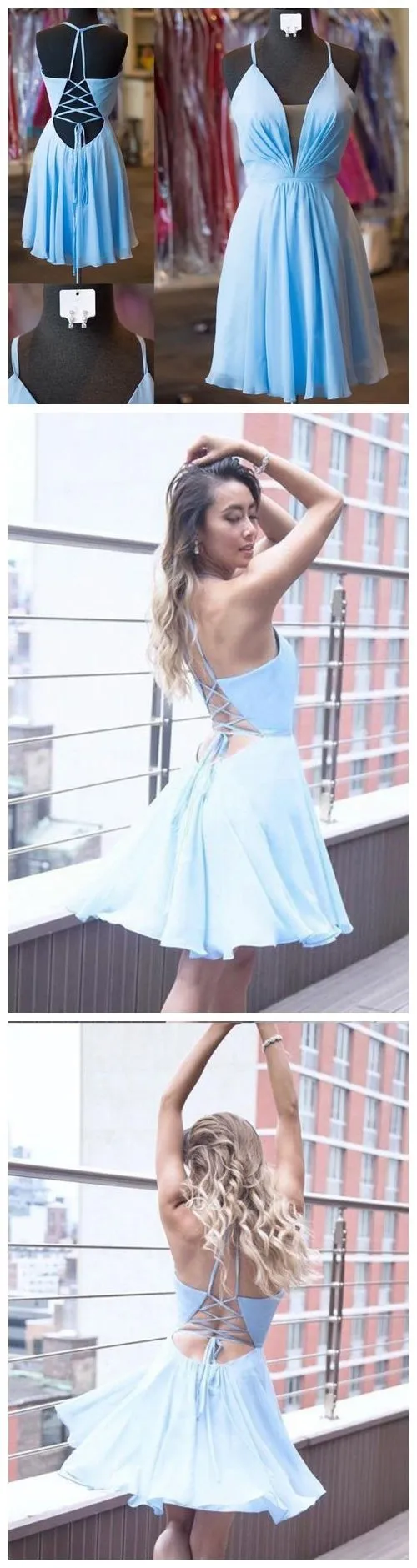 Sexy Casual Chiffon Blue Spaghetti Straps Short Cheap Homecoming Dresses Online, BDY0344