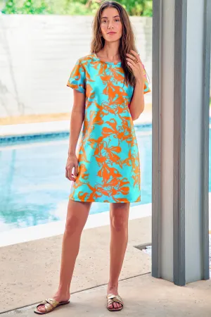 Shawn Shift Shirt Dress Turquoise/Orange Floral Jacquard